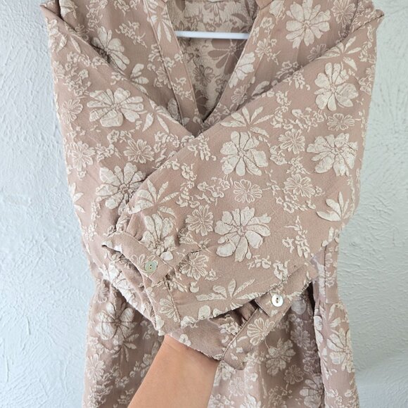 Entro VIctorian Blouse Sz Small Tan Floral Embroidred Boho Oversized Peplum Top - Picture 6 of 13